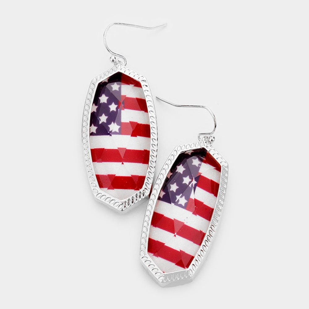 American Flag Hexagon Stone Dangling Earrings, Patriotic Jewelry - Picture 2 of 2